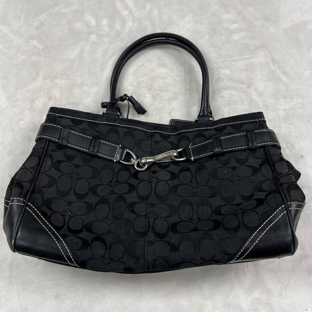 Coach Satchel Womens Medium Black Signature Jacquard Leather Trim 8K07